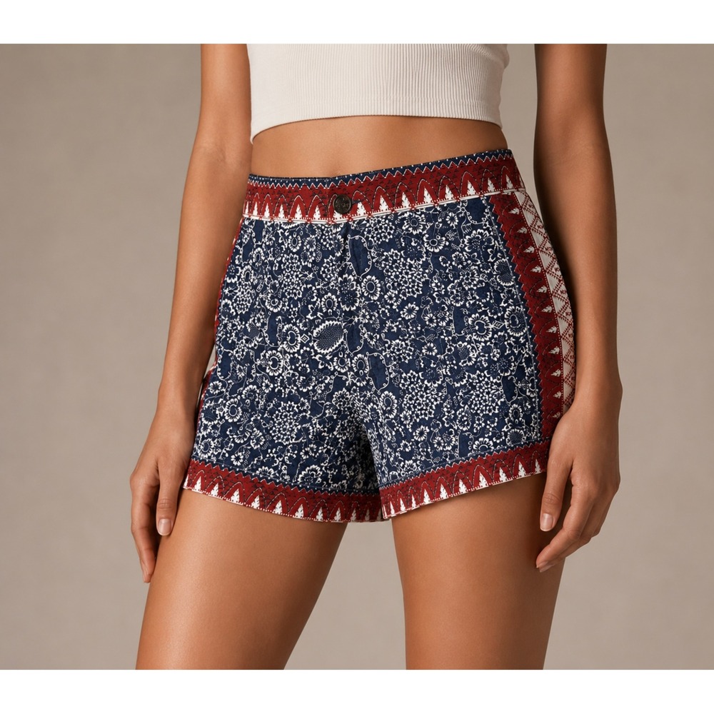 Farm Rio Shorts Small Navy Red Floral Geometric Print High Waist Boho Festival